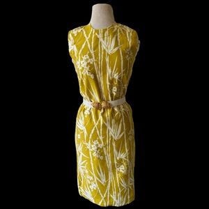 Vtg 60s Yellow Bamboo Print Shift Dress Sz S Mod Tiki  Atomic Hawaiian